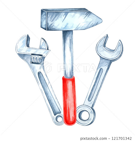 Red-handled hammer paired with two silver wrenches. Hand-painted watercolor illustration. Clipart perfect for mechanic-themed merchandise, workshop designs, or tool catalog layouts 121701342