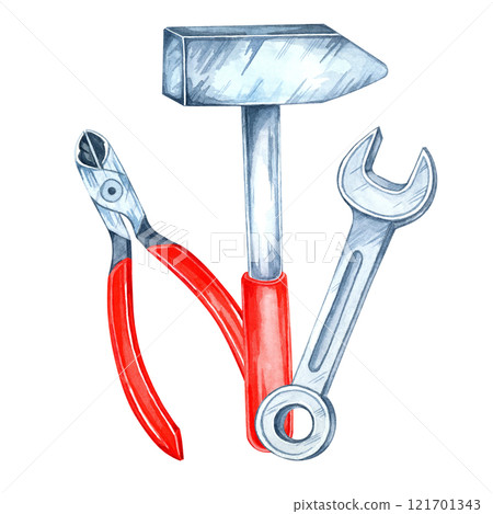 Red-handled pliers, a wrench, and a hammer hardware set. Hand-painted watercolor clipart. Illustration Perfect for industrial-themed designs, home improvement branding, or tool kit packaging designs 121701343