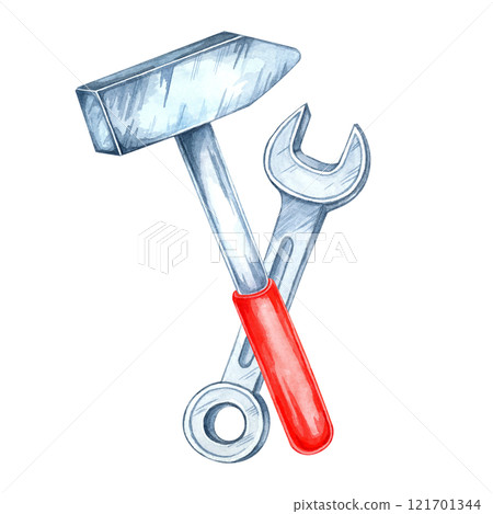 A hammer with a silver head and a red handle, along with a metal wrench. Hand-painted watercolor clipart. Great for construction-related designs, banners, product labels, or materials on repair work 121701344