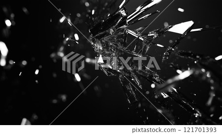 Shattered glass exploding in sharp fragments on dark background 121701393