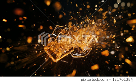 Shattered glass exploding in sharp fragments on dark background 121701394
