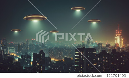 Unidentified flying objects hover over a city buildings skyline at night 121701403