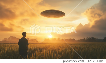 A person stands in a green field, looking up at a large unidentified flying object 121701404