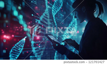 Scientist analyzing DNA data in a futuristic lab setting with vibrant digital displays 121701427