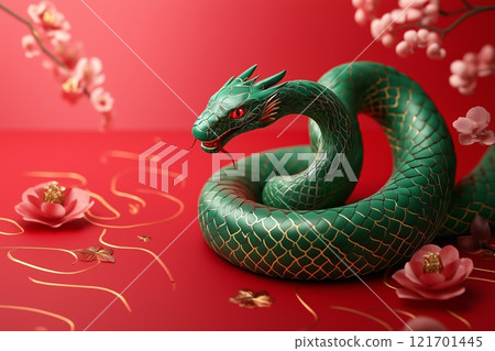 Green snake among golden coins and flowers on red background, symbol of 2025 year 121701445