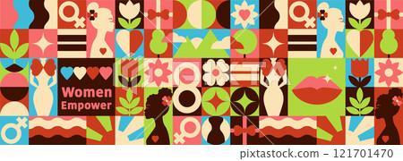 Happy Women Day Pattern in a Geometric Bauhaus style, with text, Nature Strength, and Feminine Symbols in a vector illustration 121701470