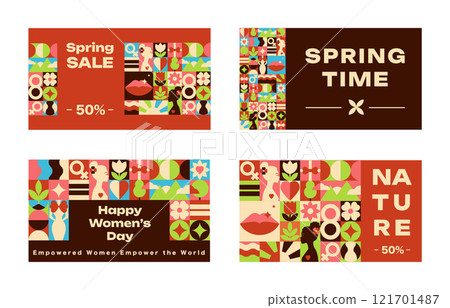 Set of Happy Women Day Cards with Geometric Bauhaus Pattern, Text Sale, Springtime symbols in a vector design Set of Happy Women Day Cards with Geometric Bauhaus Pattern, Text Sale, Springtime symbols in a vector design 121701487