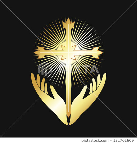 Golden Christian cross with shine and praying hands 121701609