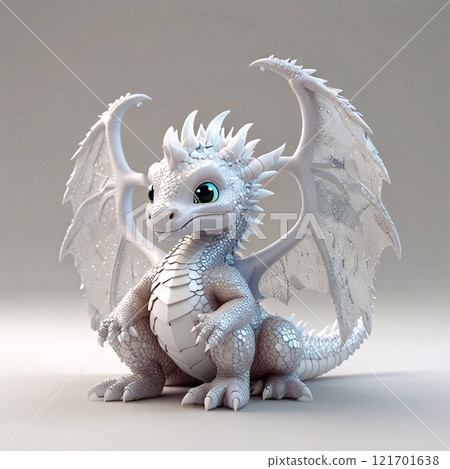 Three-dimensional cartoon character of a dragon baby, with glitter on the skin, full length 121701638
