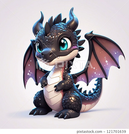 Three-dimensional cartoon character of a dragon baby, with glitter on the skin, full length 121701639