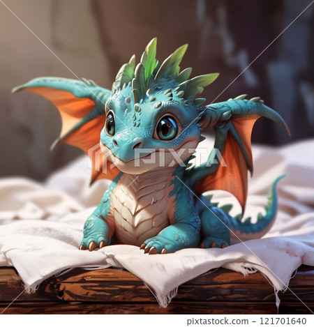 Three-dimensional cartoon character of a dragon baby, with glitter on the skin, full length 121701640