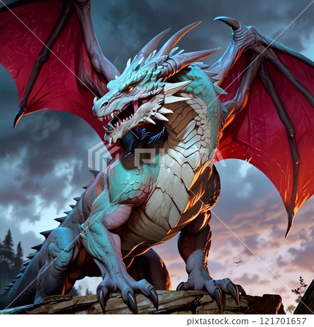 Terrible scary dragon with wings, full length, close-up 121701657