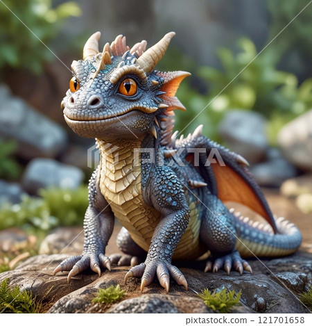 Three-dimensional cartoon character of a dragon baby, with glitter on the skin, full length Three-dimensional cartoon character of a dragon baby, with glitter on the skin, full length 121701658