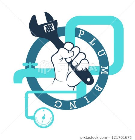 Wrench in plumbing hand, repair and service symbol Wrench in plumbing hand, repair and service symbol 121701675