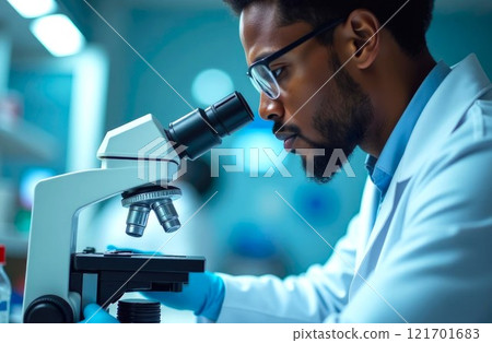 Man medical researcher analyzing under a Microscope. Black Male looking into a microscope in a Lab setting. Analysis of microorganisms, virus and other substances 121701683