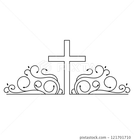 Christian cross with pattern curl branches leaves 121701710