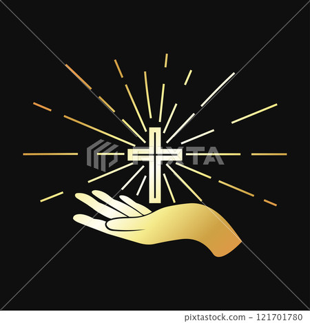 Hand of a believer and a shining Christian cross Hand of a believer and a shining Christian cross 121701780