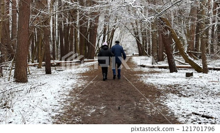 Mature couple going on snowy path at winter pine forest. Senior husband and wife walking through trail at coniferous woodland. Older pair of pensioners spending time together at nature Mature couple going on snowy path at winter pine forest. Senior husband and wife walking through trail at coniferous woodland. Older pair of pensioners spending time together at nature 121701796