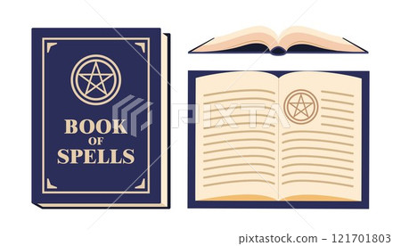 Magic spell book. Magicians knowledge book of mystery witchcraft. Educational mystic literature. Book of magic spells, fairy tales, mystical alchemy recipes. Vector illustration. 121701803