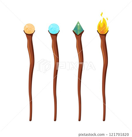 Set of magic staff, walk sticks or wands with glow gems, frozen ice crystal and flame. Magician weapon rods. Vector illustration. Set of magic staff, walk sticks or wands with glow gems, frozen ice crystal and flame. Magician weapon rods. Vector illustration. 121701820