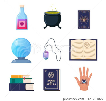 Magician tools. Wizard magic mystery amulet, spell book, crystal ball, evil eye, tarot cards, potion cauldron. Vector illustration. Magician tools. Wizard magic mystery amulet, spell book, crystal ball, evil eye, tarot cards, potion cauldron. Vector illustration. 121701827