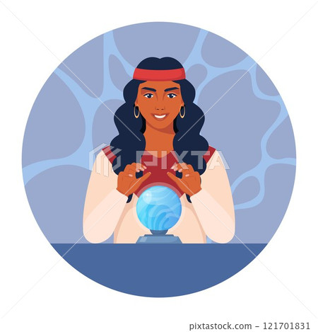 Gypsy woman fortune teller character predicts fate at table with magic sphere. Witchcraft of woman over crystal ball. Vector illustration. Gypsy woman fortune teller character predicts fate at table with magic sphere. Witchcraft of woman over crystal ball. Vector illustration. 121701831