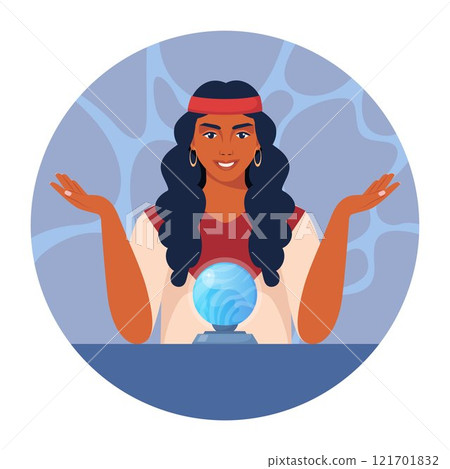 Gypsy woman fortune teller character predicts fate at table with magic sphere. Witchcraft of woman over crystal ball. Vector illustration. 121701832