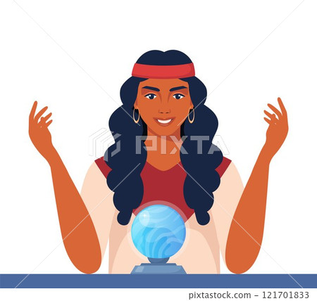 Gypsy woman fortune teller character predicts fate at table with magic sphere. Witchcraft of woman over crystal ball. Vector illustration. Gypsy woman fortune teller character predicts fate at table with magic sphere. Witchcraft of woman over crystal ball. Vector illustration. 121701833