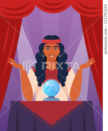 Gypsy woman fortune teller character predicts fate at table with magic sphere. Witchcraft of woman over crystal ball. Vector illustration. Gypsy woman fortune teller character predicts fate at table with magic sphere. Witchcraft of woman over crystal ball. Vector illustration. 121701834