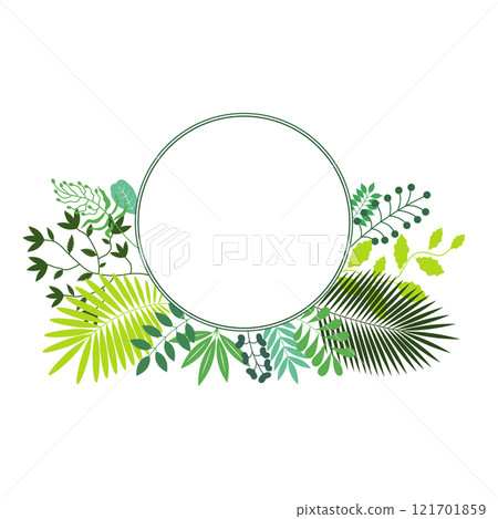 Round banner with flowers and green plant leaves Round banner with flowers and green plant leaves 121701859
