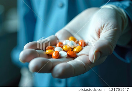 Doctor Holding Tablets in Hand, blurred background. Close-up Handful Multi-colored Tablets, Pills and Capsules in Hand. Copy Space. Medicines for the treatment of the patient 121701947