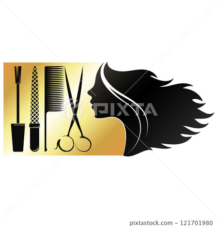 Silhouette girl with hair and stylist tool. Sign for beauty and hair salon Silhouette girl with hair and stylist tool. Sign for beauty and hair salon 121701980