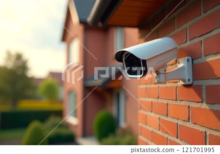 Security Camera on Brick Wall. A single white CCTV Camera mounted on a red brick wall a house. Capturing the essence of surveillance and safety in a photorealistic setting 121701995