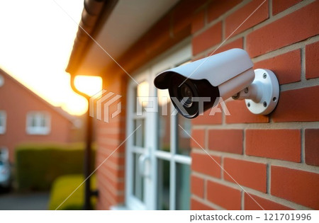 Security Camera on Brick Wall. A single white CCTV Camera mounted on a red brick wall a house. Capturing the essence of surveillance and safety in a photorealistic setting 121701996