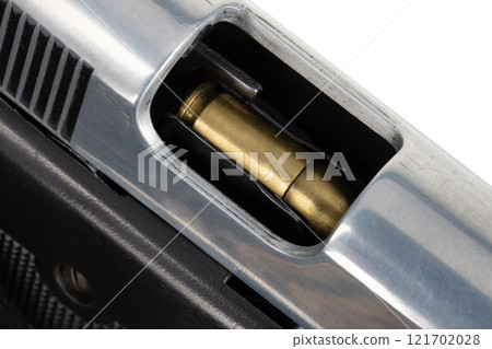 semi automatic 9mm handgun stainless pistol with ammo in receiver isolated on white semi automatic 9mm handgun stainless pistol with ammo in receiver isolated on white 121702028