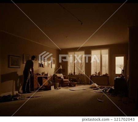 A person cleaning a dirty and messy room A person cleaning a dirty and messy room 121702043