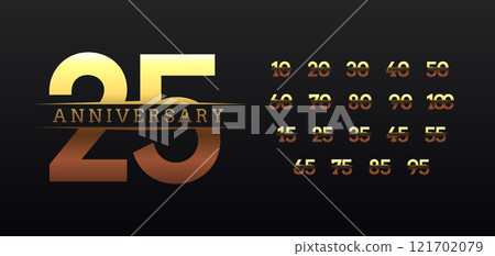 Gold gradient anniversary numbers with elegant typography design, celebrating milestones from 10 to 100 years for branding, events, or commemorative materials. Vector illustration 121702079