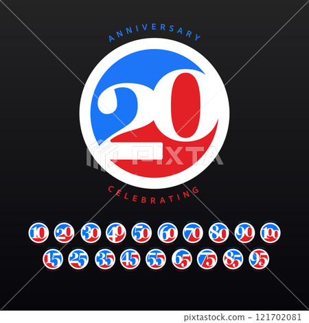 Bright red, blue round anniversary design with numbers from 10 to 100, cut out in negative space of circle for birthday event branding and design materials. Vector illustration Bright red, blue round anniversary design with numbers from 10 to 100, cut out in negative space of circle for birthday event branding and design materials. Vector illustration 121702081