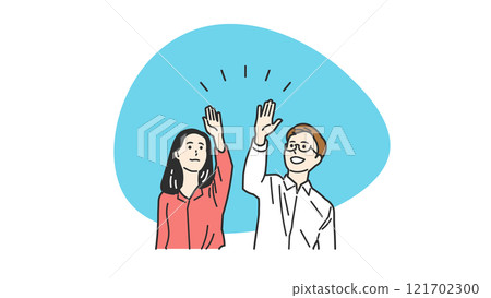 Men and women in office casual wear high-fiving 121702300