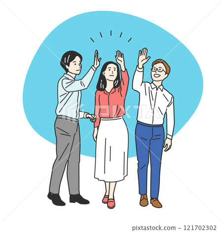 Men and women in office casual wear high-fiving 121702302