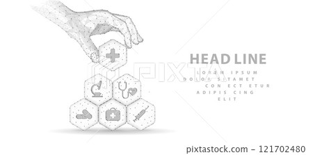 Healthcare system. Medical icons on hexagons made pyramid and hand holding the top element. Health care plane, patient service digital technology, ai integrate 121702480