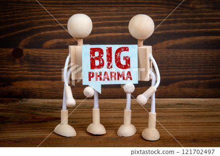 Big Pharma. Speech bubble with text in the hands of a human figures Big Pharma. Speech bubble with text in the hands of a human figures 121702497