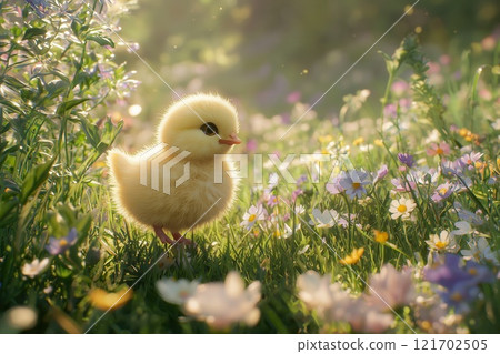 Fluffy Yellow Chick Exploring Vibrant Spring Meadow with Wildflowers Under Warm Sunlight 121702505