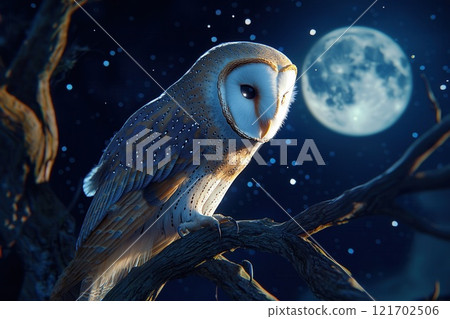 Majestic Barn Owl on Gnarled Tree Branch Under Full Moon Ethereal Feathers Glow in Starry Night Sky 121702506