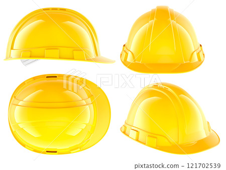 Construction orange hard hats. Different views and angles, 3D rendering 121702539