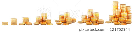 Golden coins, different stacks of golden coins. 3D rendering 121702544