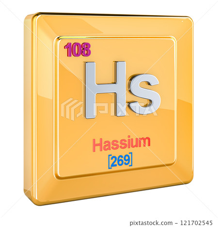 Hassium Hs, chemical element sign with number 108 in periodic table. 3D rendering 121702545