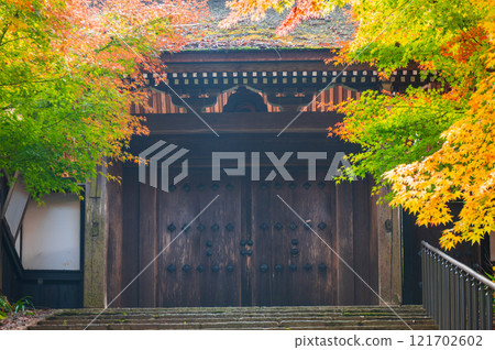 Autumn leaves at the temple gate of Jyoshoji Temple [Okusa Village, Kiso District] 121702602