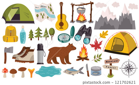 Cartoon design elements set for summer camping theme in flat style isolated on white background. Tent and campfire, binoculars and brown bear. 121702621
