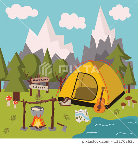 Cartoon scene of camping stop with tent and campfire in flat style isolated on white background. 121702623